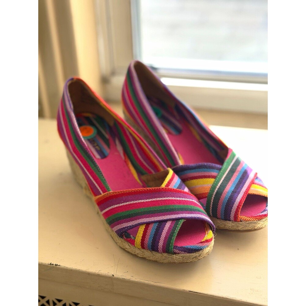 Rampage Adorer Women's Striped Multicolor Espadrille Wedge Peep Toe Heel 8M
